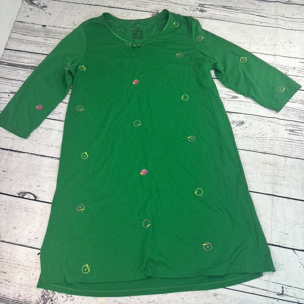 Unbranded Green Embroidered Apple Sleepshirt Nightgown V-Neck Long Sleeve Small